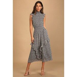 Lulus Evalina Black Floral Print Mock Neck Midi Dress - Size M